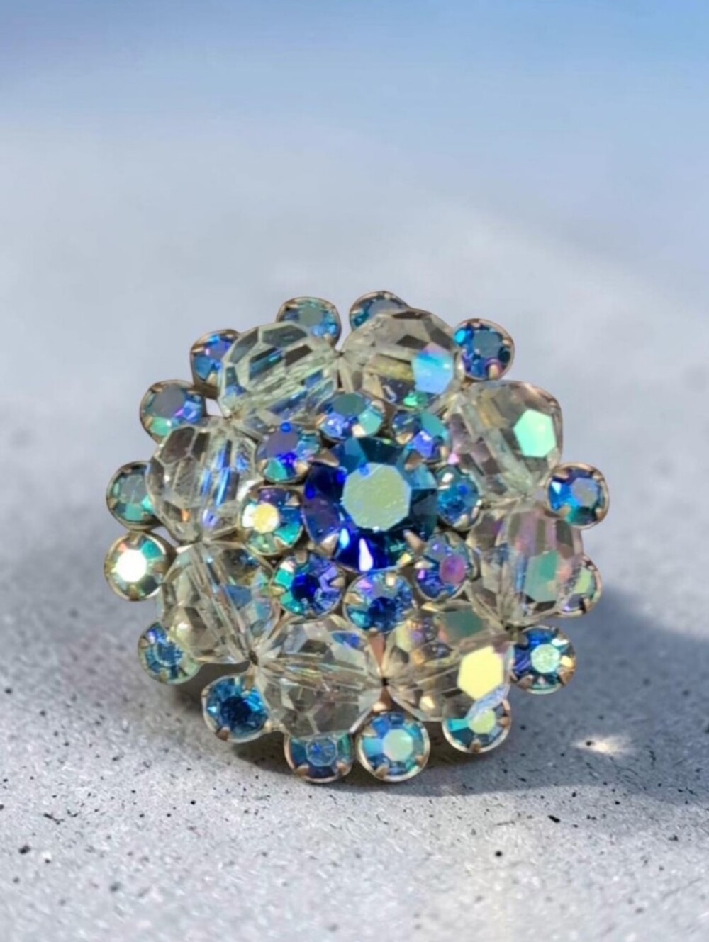 Vintage Blue Aurora Borealis Rhinestone Crystal Bead Flower Brooch Silver Tone